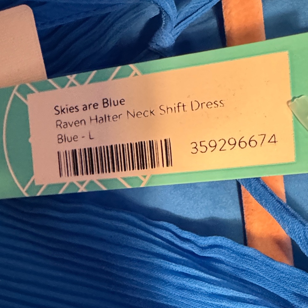 Skies Are Blue Raven Halter Neck Shift Dress Blue Pleated Palm Trees Size Large - Picture 9 of 9